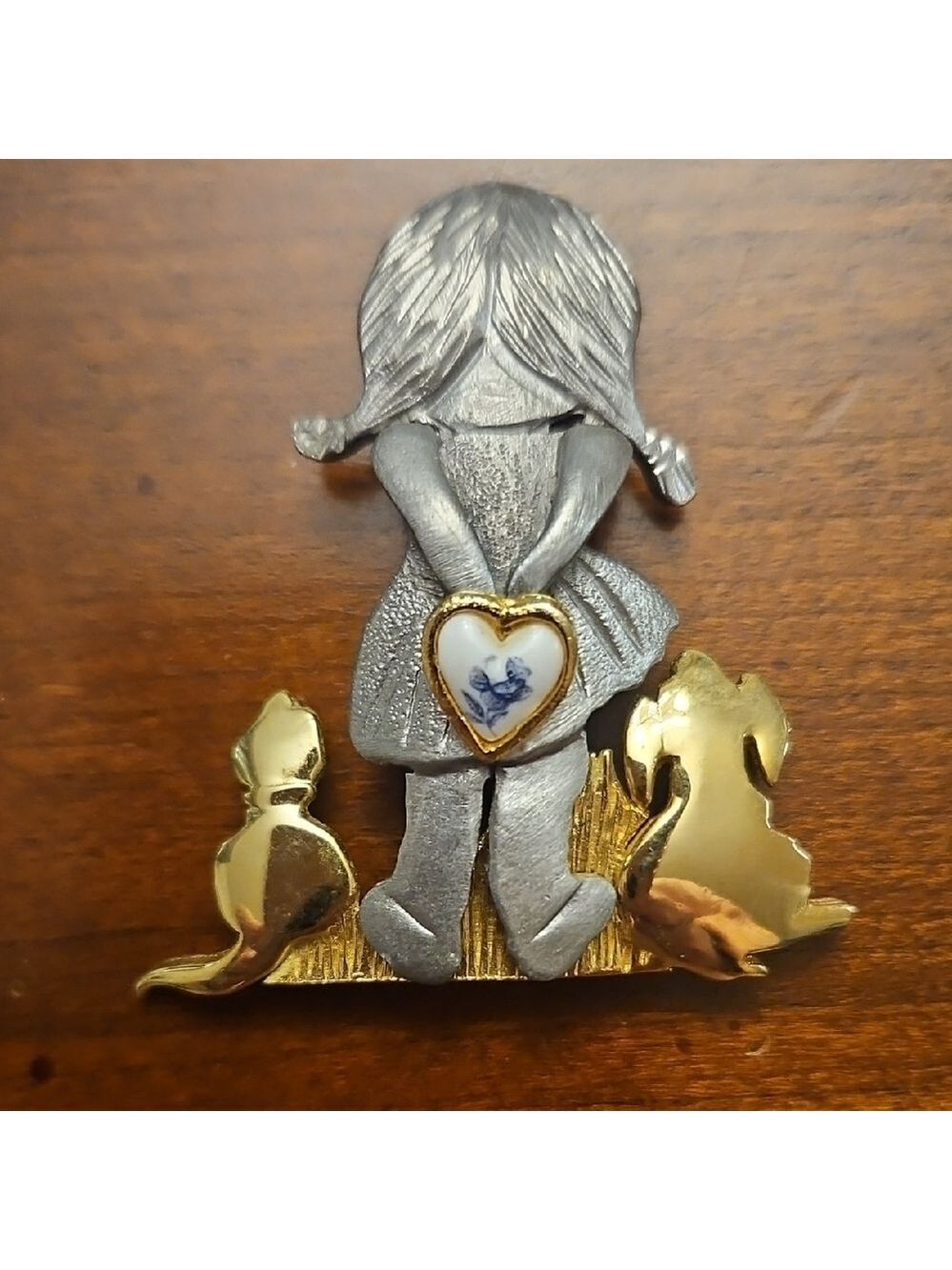 Pin Ultra craft Lttle Girl With Cat And Dog Holdong A Heart Pewter Look And Gold